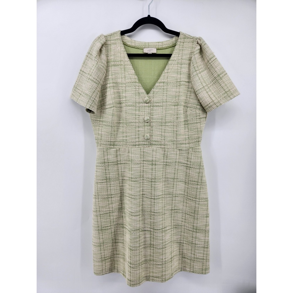 LOFT Outlet Women's Dress Size L Green Beige Plaid Tweed Short Sleeve Career